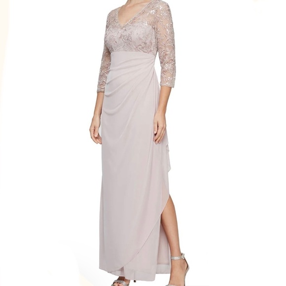 Alex Evenings Dresses & Skirts - Alex Evenings Long V Neck Empire Waist Cascade Ruffle Faded Rose Size 4
